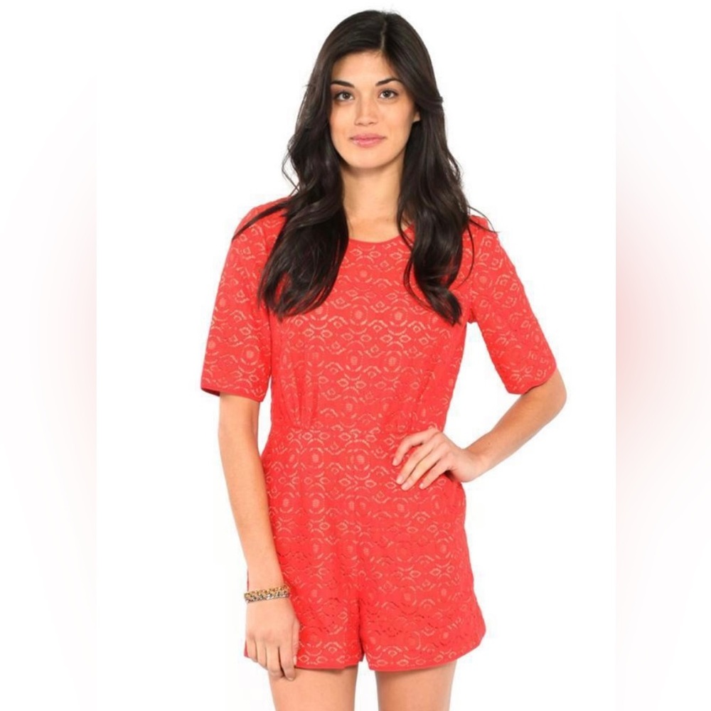 BCBG Haile red lace shorts romper